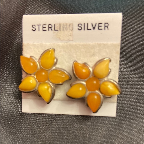 Jewelry - Yellow Amber Flower Sterling Silver  Earrings